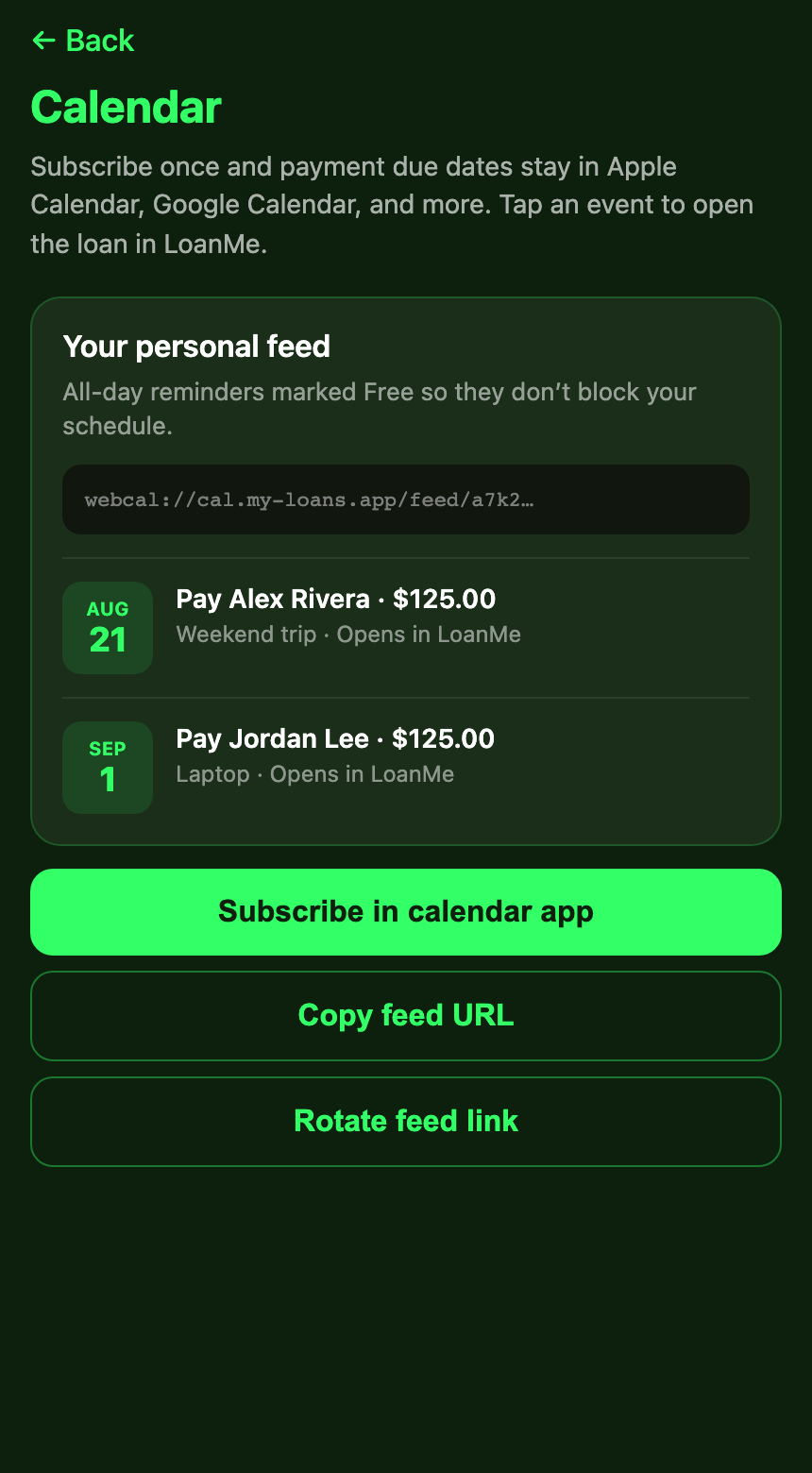 LoanMe Calendar feed screen