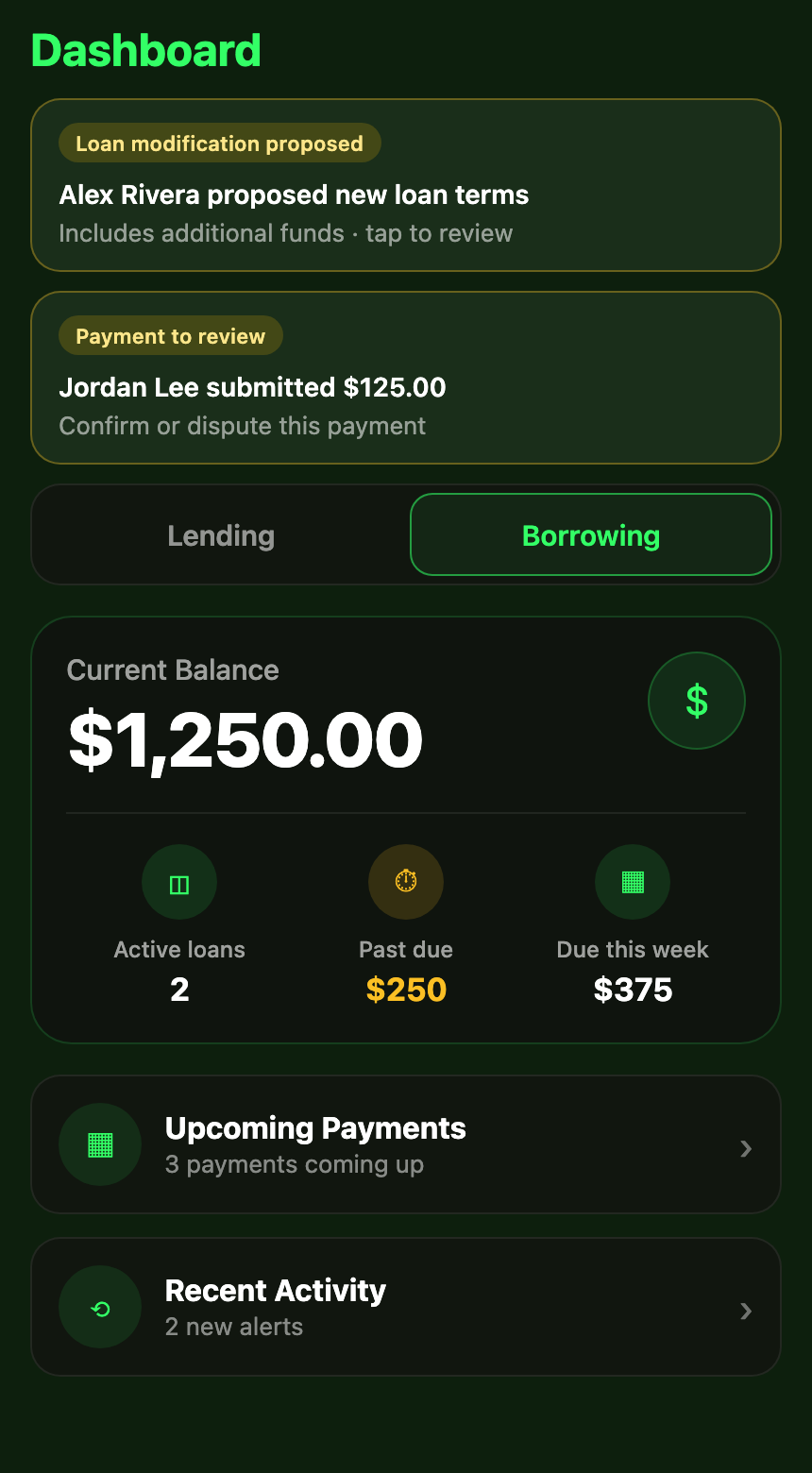 LoanMe Dashboard screen