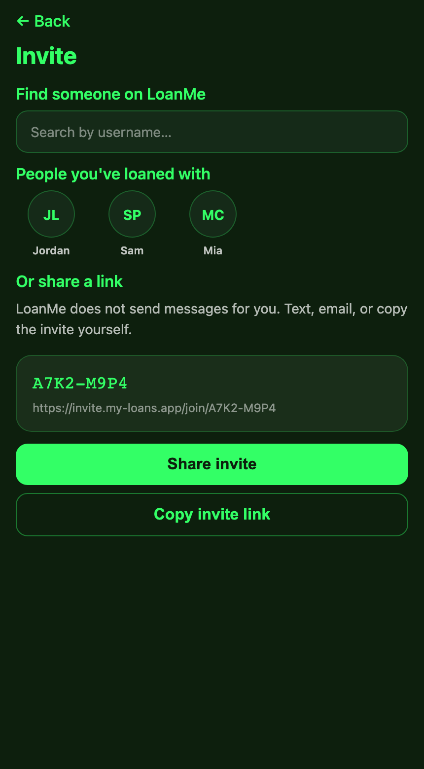 LoanMe Invite screen