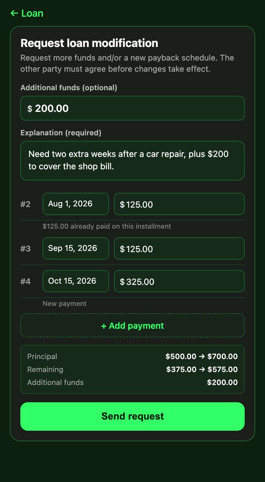 LoanMe Loan modification screen