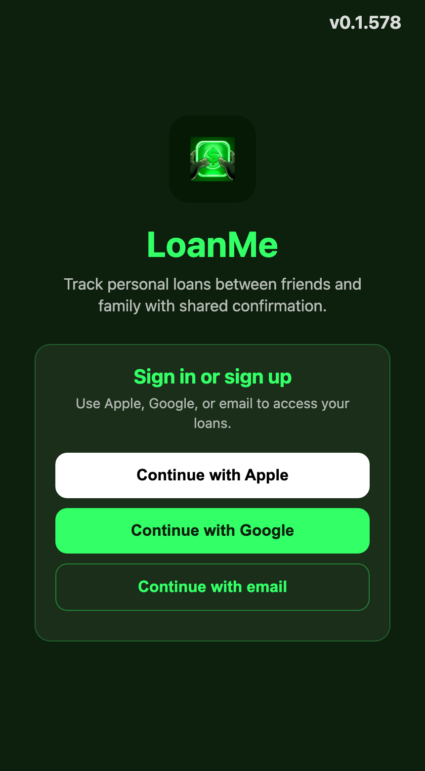 LoanMe Sign in screen